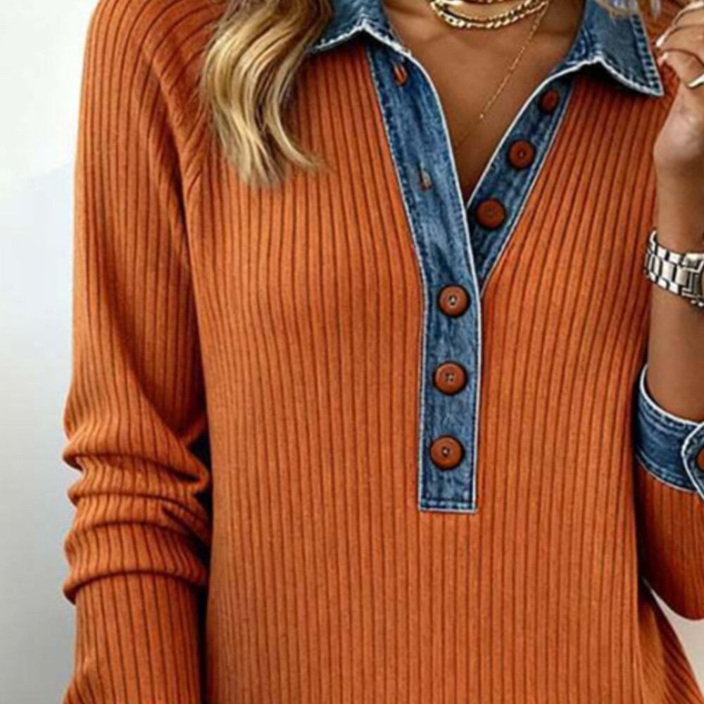 Full Size Denim Trim Button Front Ribbed Knit Top Plus Size - Picture 2 of 3